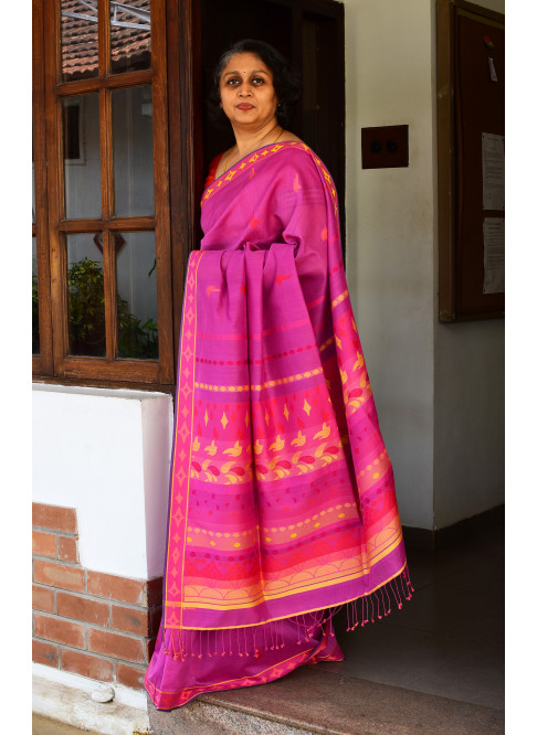 Pink purple, Handwoven Organic Cotton, Textured Weave , Jacquard, Work Wear, Saree